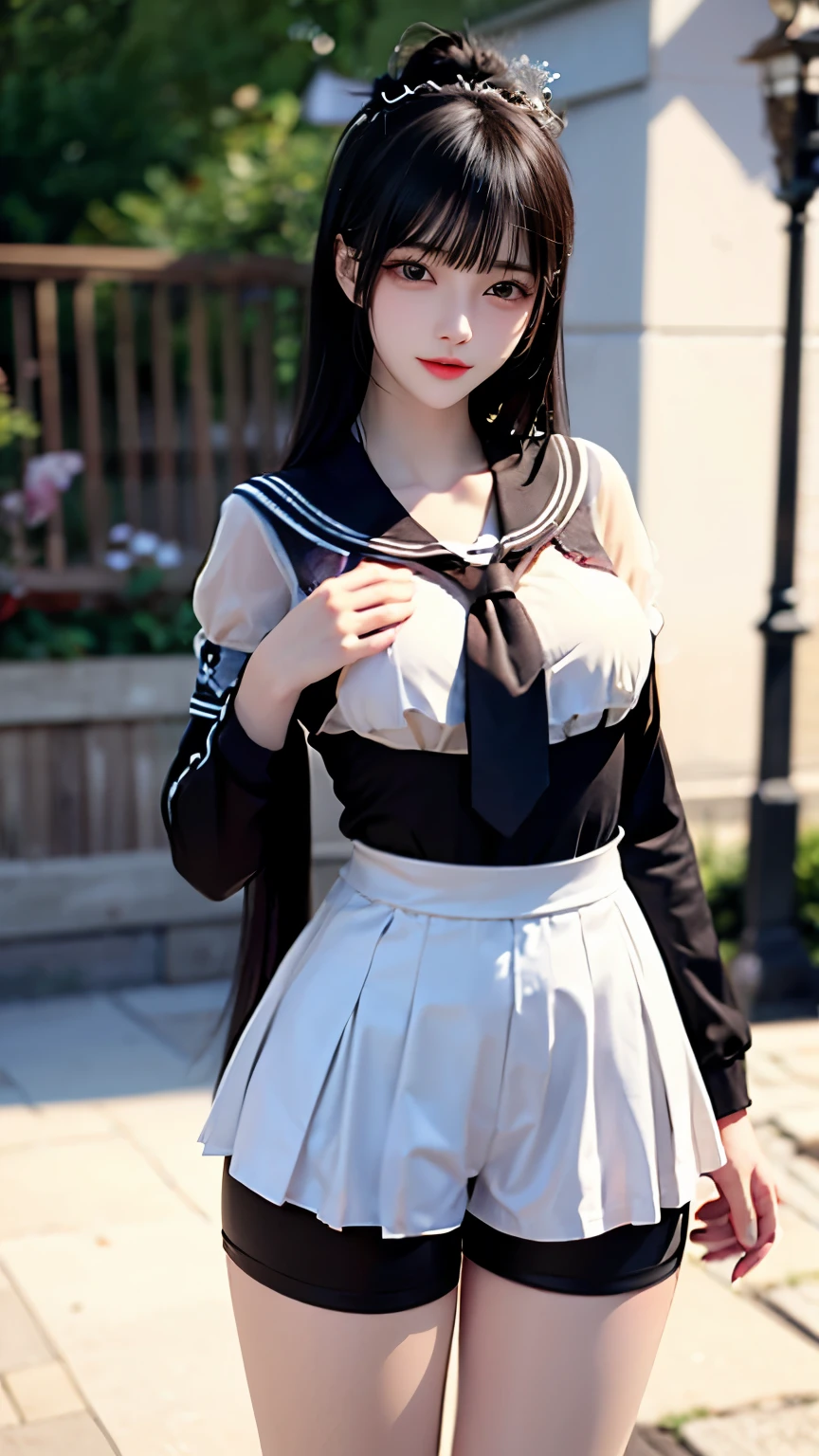 （Very delicate and beautiful：1.2）super model,,Big Breasts,Beautiful breasts,voluptuous,【bike shorts】,,【3girls】,,highest quality, High resolution, 8K,Sailor suit,Kick in a hurry