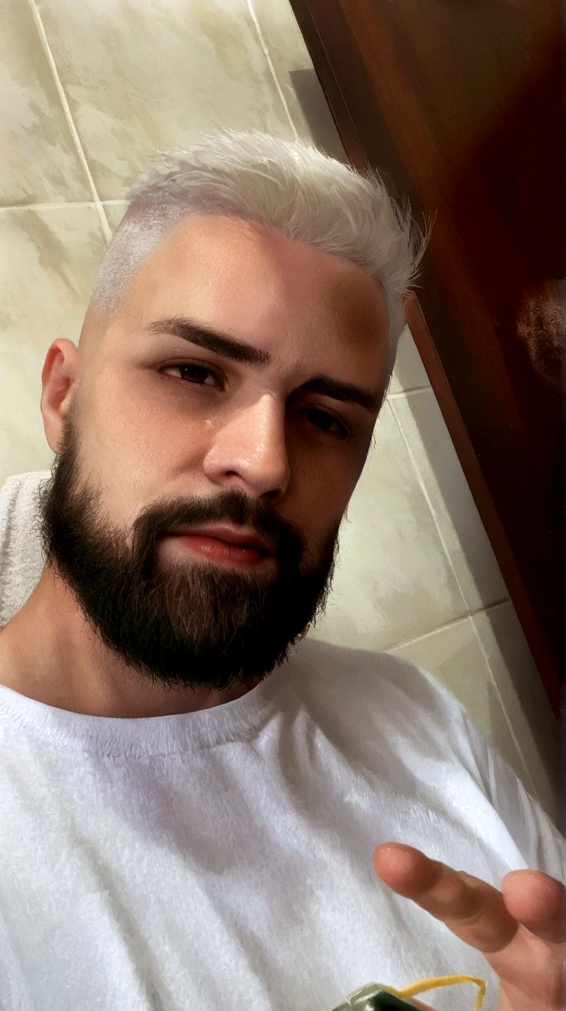 a 29 year old young man, with a black beard and white hair, can leave his bottoms off, just his white shirt