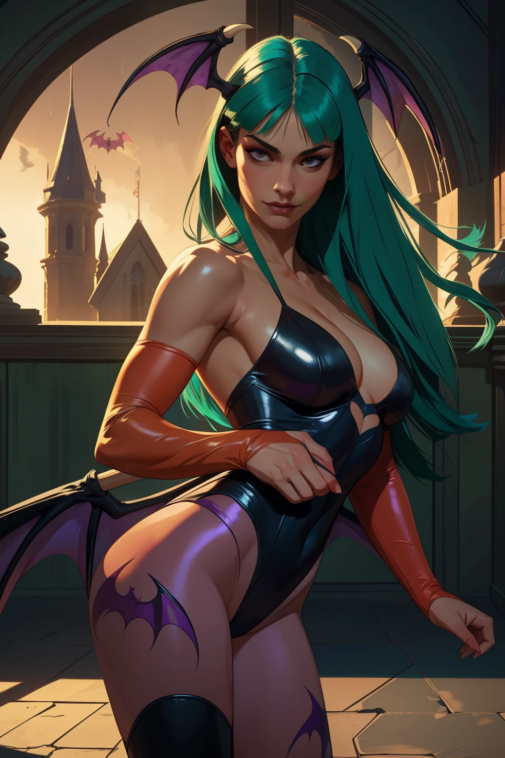 Realistic oil paint of Morrigan Aensland, hot Body, Dynamic sensual pose, soft smile, long green hair, purple legs, ((Bat wings)), under the moonlight, detailed skin Textures, intricate, detailed face, hyperrealistic, realistic light and shadows , (((cinematic lighting))). ((Gothic castle background)).