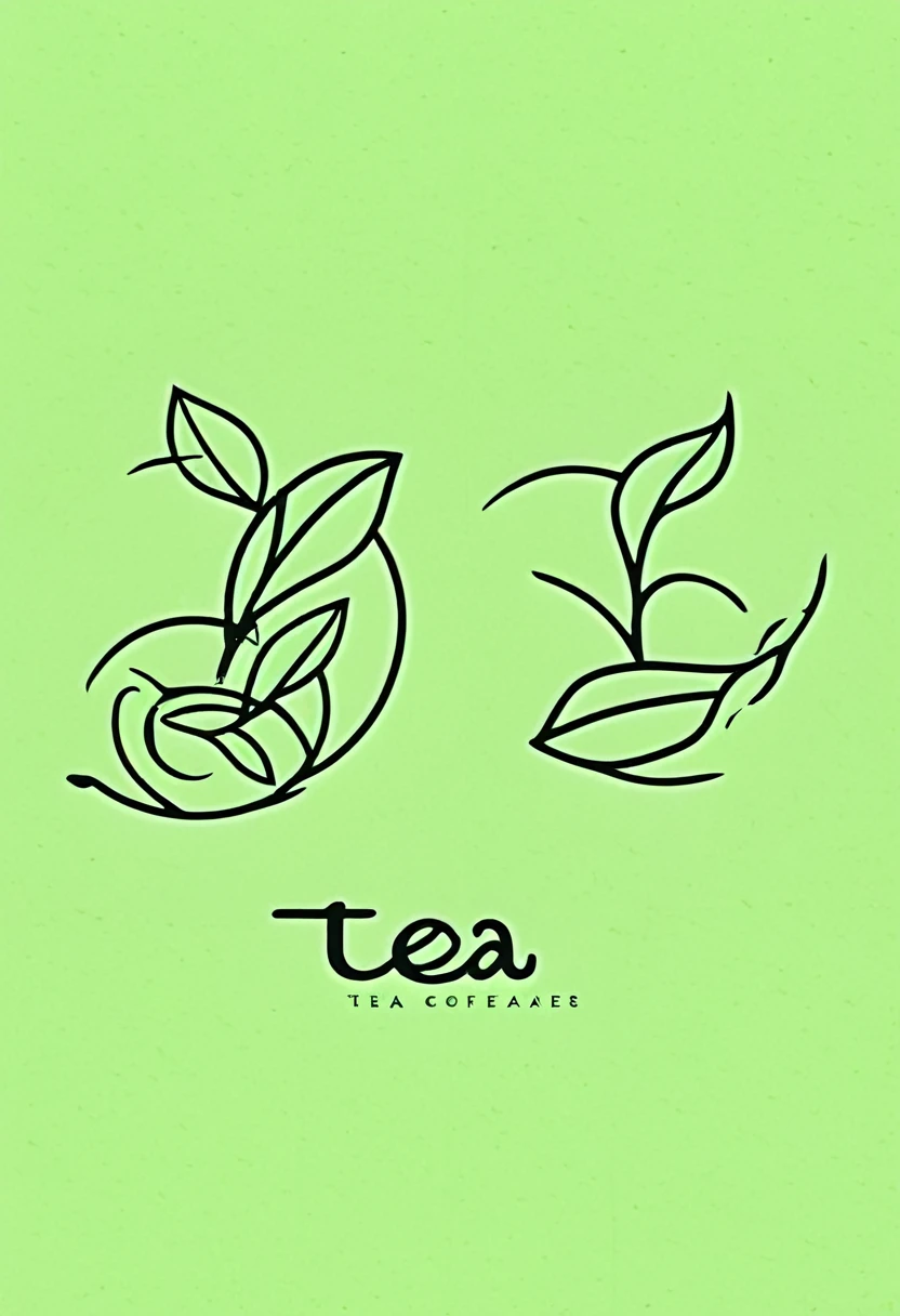 90s style, logo for a coffee shop, 2d drawing, flat, circle, three tea leaves spread apart in the top half of the circle, a drop on the bottom half