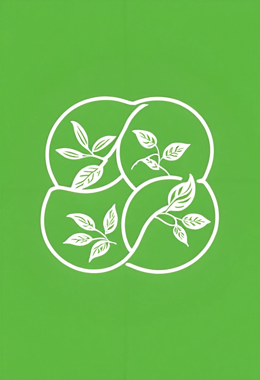 90s style, logo for a coffee shop, 2d drawing, flat, circle, three tea leaves spread apart in the top half of the circle, a drop on the bottom half