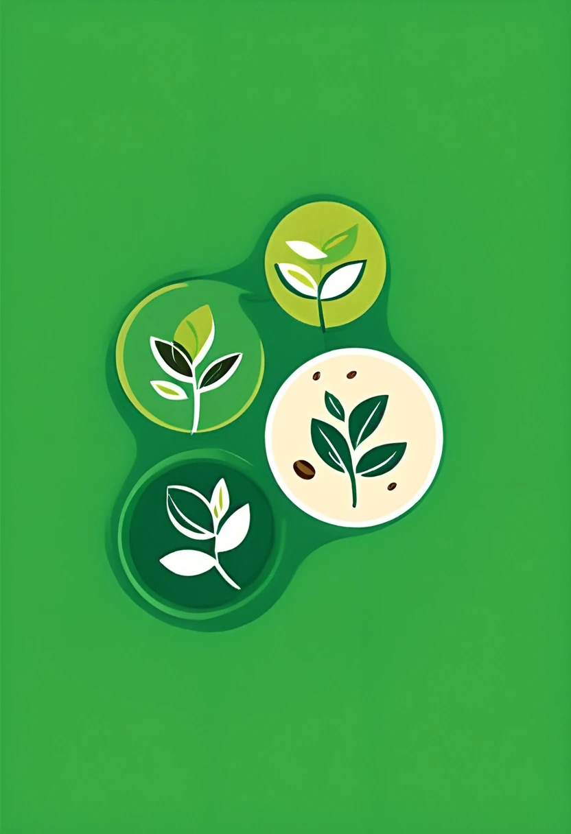 90s style, logo for a coffee shop, 2d drawing, flat, circle, three tea leaves spread apart in the top half of the circle, a drop on the bottom half