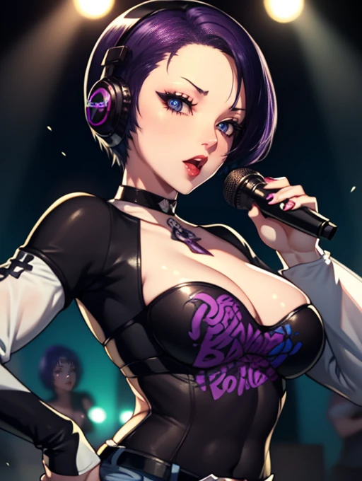 Shamir, purple hair,eye,earrings ,lipstick, eye shadow, makeup, 1girl, solo, black t-shirt, white shirt, blue jeans, belt, lipstick, large breasts, layered sleeves, sexy pose, holding a microphone, singing, stage background, headphones