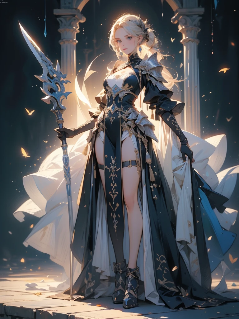 Design a layout showcase Gaming character, (1girl). Golden+Purle clothes, stylish and unique, ((showcase weapon:1.4)), magic staff, (masterpiece:1.2), (best quality), 4k, ultra-detailed, (Step by step design, layout art:1.5), (luminous lighting, atmospheric lighting), magican, ((glove full hands)), (((revealing clothes:1.3))), vambraces, armored legwear, (((full_body_shot:1.4)))
