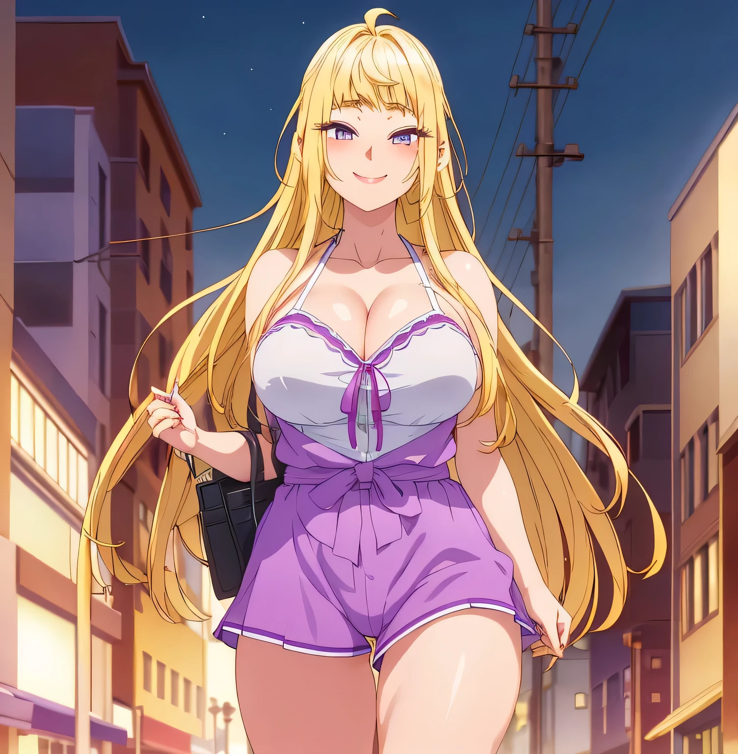 , 1 girl, drowning, alone, Minami Fuyuki, Blonde hair, long hair, purple eyes, Looking at viewer, smile, (blush on nose: 1.2), White shirt, Tank top, Cleavage, tight blue shorts, outdoor , street, walking, Night, urban lights, good lighting, thick thighs, NSFW, (from below: 1.2), uncensored, (high resolution: 1.2), (ultra detailed: 1.2), [ High dynamic range lighting], (Masterpiece: 1.3), (Best Quality), High quality intricate details, (Extremely detailed CG unity 8k wallpaper: 1.2), Best shadow, (Extremely detailed fine touch: 1.2), (High resolution), (4k ), (pixiv), perfect face, cute eyes and face, (super detailed), detailed face and eyes, textured skin, absurd, high resolution, deep skin, perfect anatomy, perfect hands, big breasts, medium waist, wide hips, medium thighs