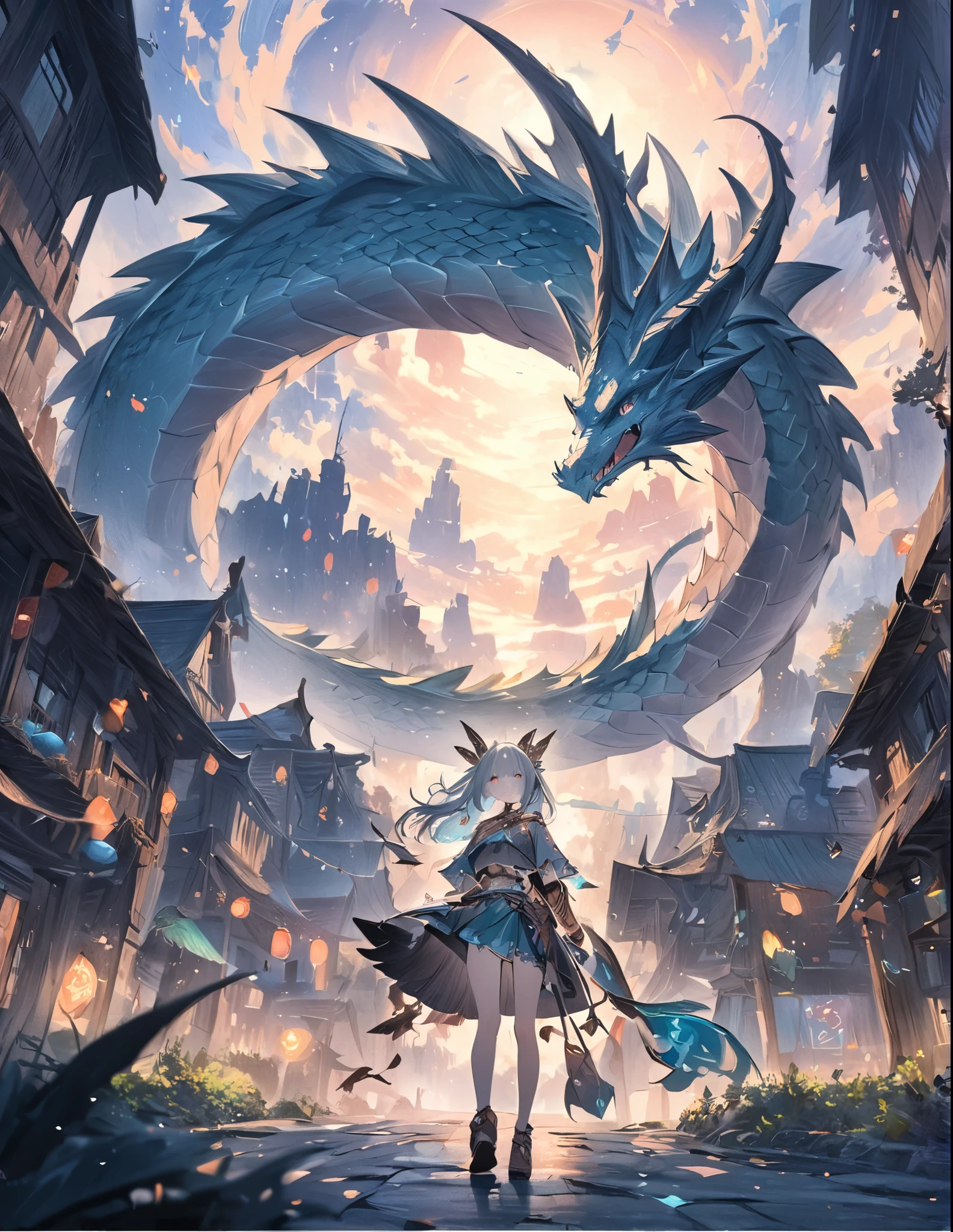 ((style:Colored pencil,pale colour))、(anime)、(masterpiece:1.2),atmospheric perspective,lens flare、Dragon、Dragon Tribe Girl、Otherworldly fantasy、cute、Dragon on background
