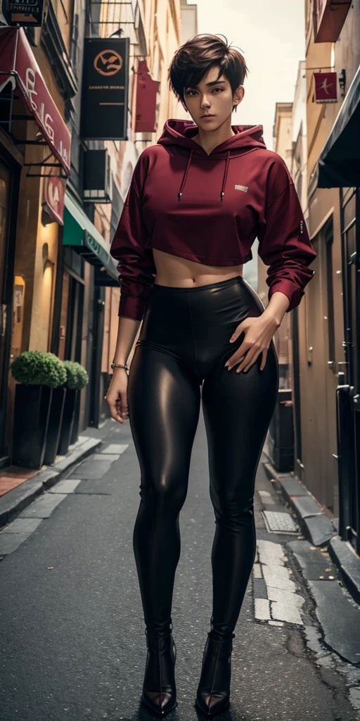 A young man having long legs, thick thighs, large wide hips, thin and narrow weist, big large feminine breasts, , maroon leggings and formal shirt ,on streets , very small spikey boyish haircut, man man , penis bulge , man, penis enlargement, penis bulge, futanari bulge, penis enlargement, Big large feminine breasts, hoodie