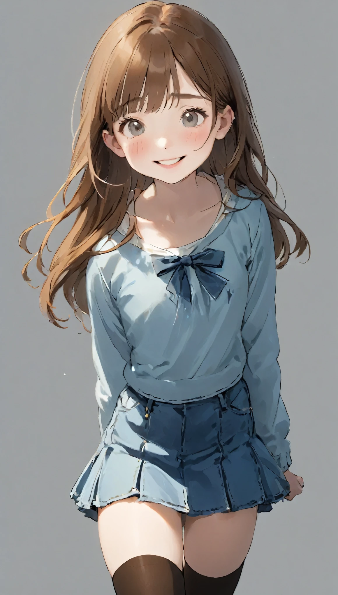 4K, masterpiece, 8k, high quality, 最high quality,10歳のcute少等生, Very white skin, Long brown hair,a bit,Low length,freckles,Thin eyebrows,Straight bangs,(Flat Chest) ,feminine, freckles, Tilt, elegant, elegant, cute, smile, cute, Hilarious, belly button, Denim Low Rise Mini Skirt, ((Black knee socks)), (Ugly clothes)、((Gray background))