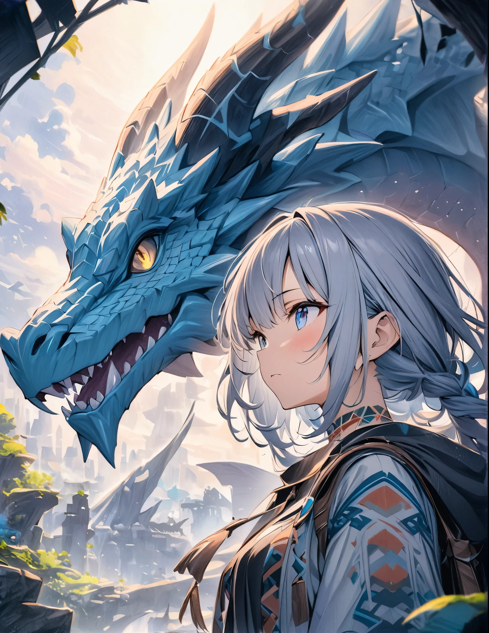 ((style:Colored pencil,pale colour))、(anime)、(masterpiece:1.2),atmospheric perspective,lens flare、Dragon、Dragon Tribe Girl、Otherworldly fantasy、cute、Dragon on background、A detailed depiction of the girl
