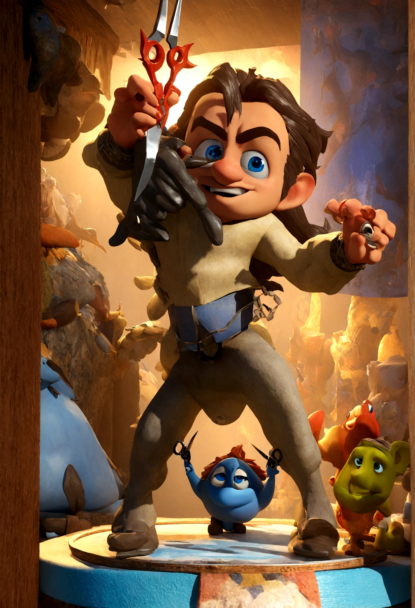 (melhor qualidade,3D rendering:1.2),Detailed adult holding blue eyes naked boy in one hand,Sharp scissors in the other hand,poster art,Disney,Estilo Pixar,cores vibrantes,soft lighting