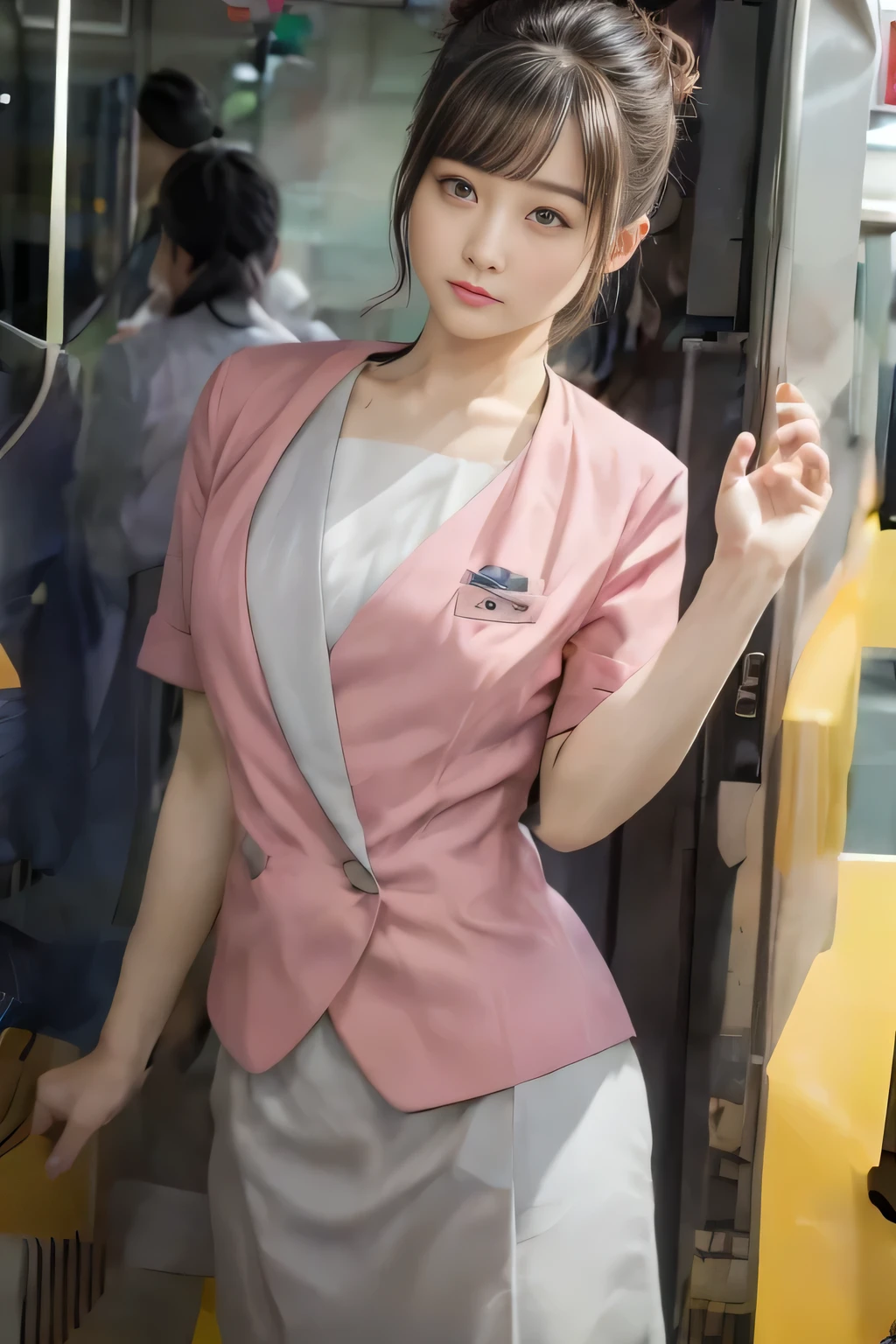 (masterpiece:1.2, highest quality:1.2), 32K HDR, High resolution, (alone、1 girl)、(On the rooftop of a building in the daytime、Professional Lighting)、Building rooftop background、(Nankai train crew uniform pinkを着たリアルスタイル)、(Nankai train crew uniform pink short sleeve pink jacket、Nankai Train Crew Uniform Pink Collarless Short Sleeve Blouse、Nankai Train crew uniform pinkのグレー色のキュロットスカート)、Dark brown hair、(Hair tied up、Hair Bun、Hair Bun)、Dark brown hair、Long Shot、Big Breasts、Thin legs、((Great hands:2.0)),((Harmonious body proportions:1.5)),((Normal limbs:2.0)),((Normal finger:2.0)),((Delicate eyes:2.0)),((Normal eyes:2.0)))、Captivating look、(Nankai Train crew uniform pinkのグレー色のキュロットスカートを見せた美しい立ち姿)、Put your hands down、I have nothing in my hands