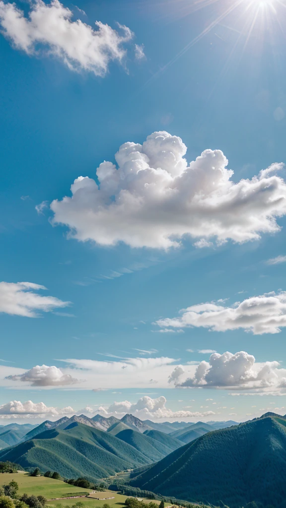 Imagino uma paisagem majestosa, where towering mountains rise towards the sky, cobertas por densas florestas verdejantes. The intense blue sky stretches as far as the eye can see, Adorned by some cotton-white clouds. The sun's rays dance between the treetops, criando uma atmosfera serena e acolhedora, while the mountain peaks seem to touch infinity itself. It's a breathtaking scene, where the grandeur of nature is revealed in all its glory.