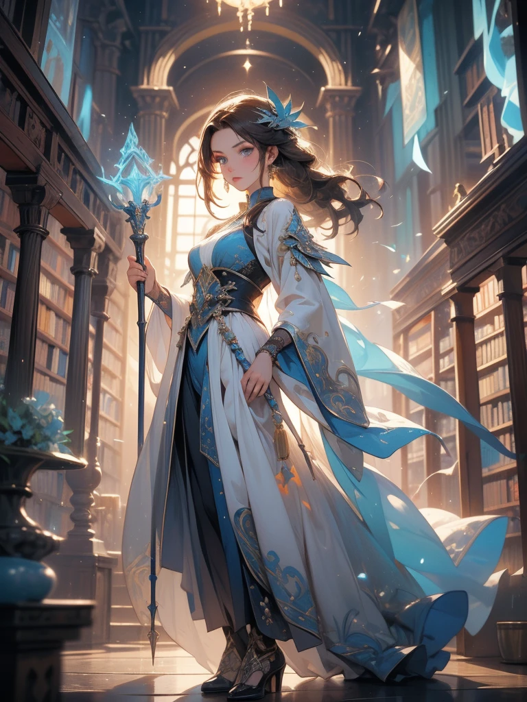 A stunning artwork of a mystical female mage standing in an arcane library. The full-body view showcases her in ornate blue and white robes, exuding an aura of wisdom and magical prowess. Her long, flowing brown hair frames a face of serene beauty, highlighted by blue eyes that shimmer with arcane knowledge and ethereal charm. She holds an enchanted staff, intricately designed and glowing with magical energy, adding to her mystical presence.
The scenery around her is a vast, ancient library filled with towering bookshelves and glowing runes. Magical orbs and floating tomes enhance the enchanting atmosphere, creating a scene of intellectual wonder.