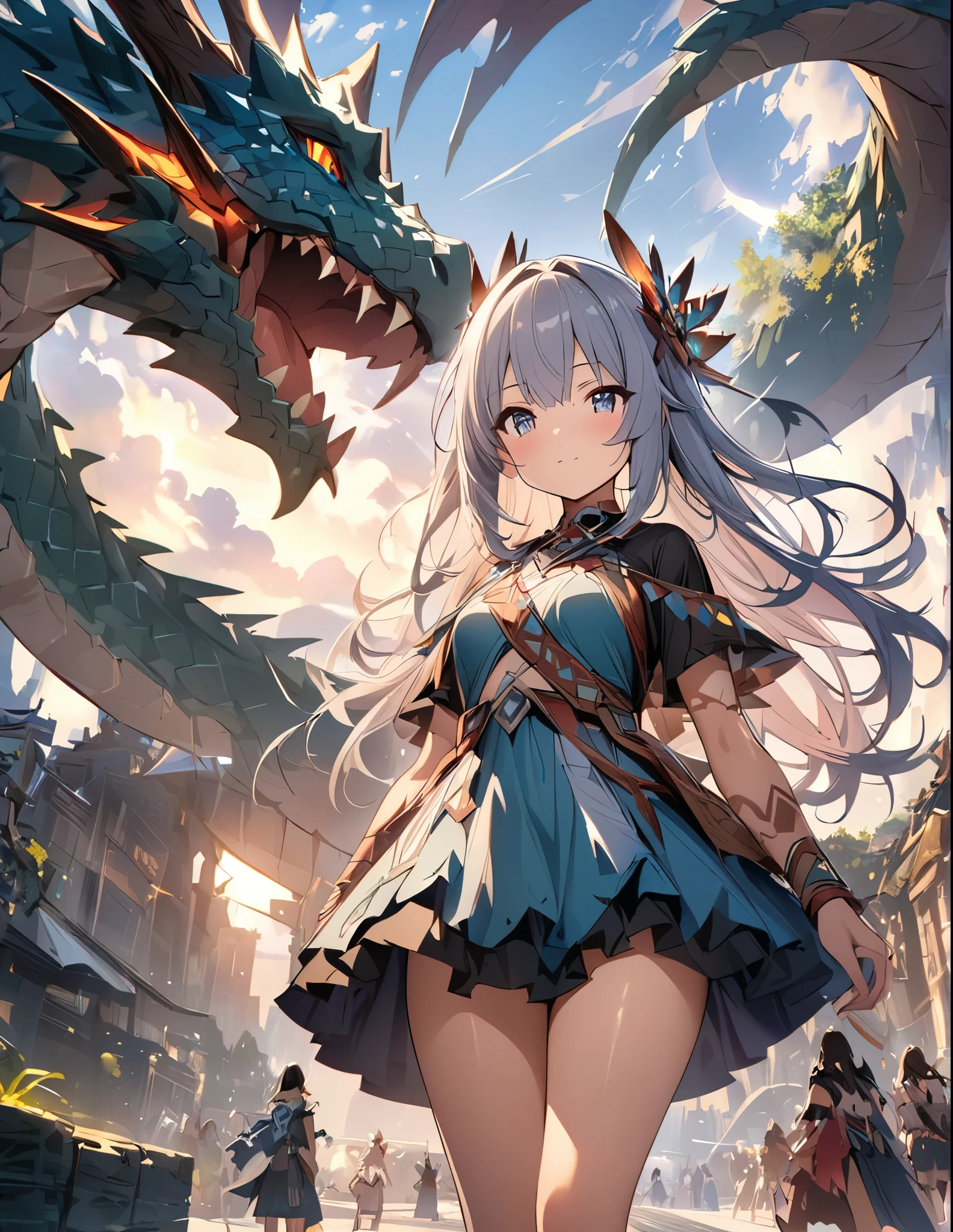 (anime)、(masterpiece:1.2),atmospheric perspective,lens flare、Dragon、Dragon Tribe Girl、Otherworldly fantasy、cute、Dragon on background、A detailed depiction of the girl、Detailed depiction of the dragon