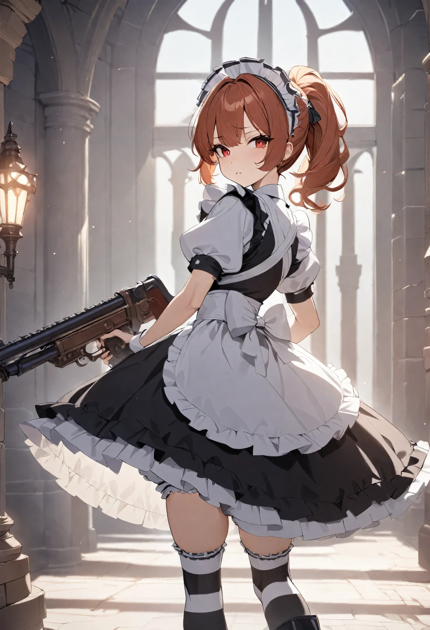 (best quality,4k,8k,highres,masterpiece:1.2),ultra-detailed, (1girl) A cute teenage gunslinger maid with red eyes, drawn in anime style, spiky ginger hair in a long ponytail, protective and caring, victorian fashion, wearing a cute black maid dress with puffy sleeves, corset, tactical gear, light armour, petticoat, bloomers, a frilly headband, a frilly white apron, high-heel boots, striped stockings, ribbons, wielding a steampunk gun, steampunk style, guarding a castle hallway, extremely detailed eyes and face,longeyelashes,volumetric lighting,cinematic lighting,protective posture,dramatic close up,highly detailed texture,intricate details.
