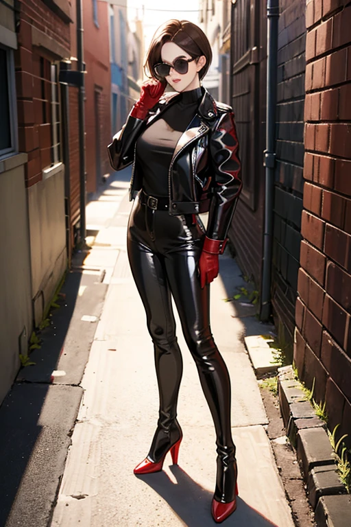 A short-haired mature woman with brown hair and short sunglasses hiding her eyes wearing a black leather jacket, black patent leather pants, red patent leather knee-high boots, and red patent leather gloves, is selling her body in a back alley in the middle of the night.