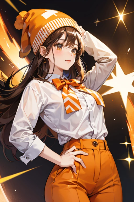 she has an orange body and wears an orange beanie on her head that has black and white stripes. sHe wears a white shirt with a red bowtie and light brown pants. SPARKLE; GLITTER