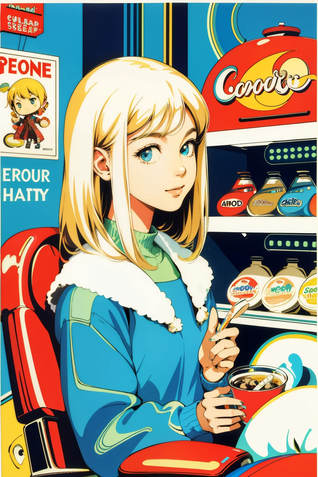 high-level image quality、ultra - detailed、A blonde girl、Cozy vintage futuristic candy and soda shop、analogue style、retro effect、Retro、pop-art、poster for