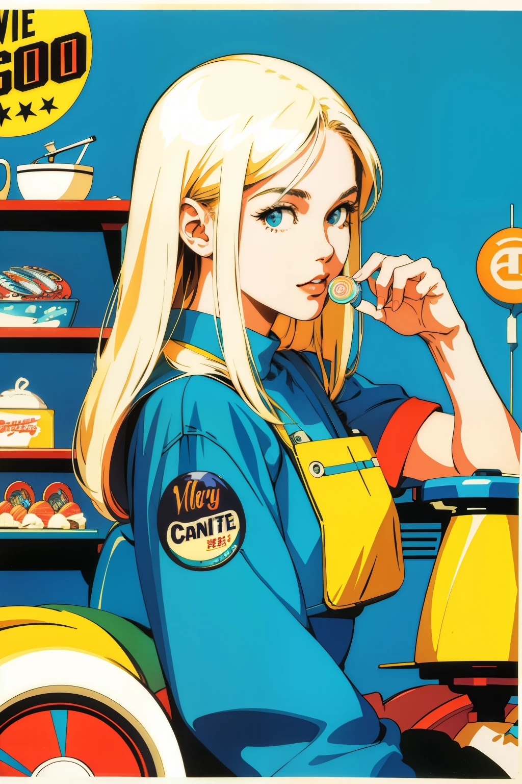 high-level image quality、ultra - detailed、A blonde girl、Cozy vintage futuristic candy and soda shop、analogue style、retro effect、Retro、pop-art、poster for