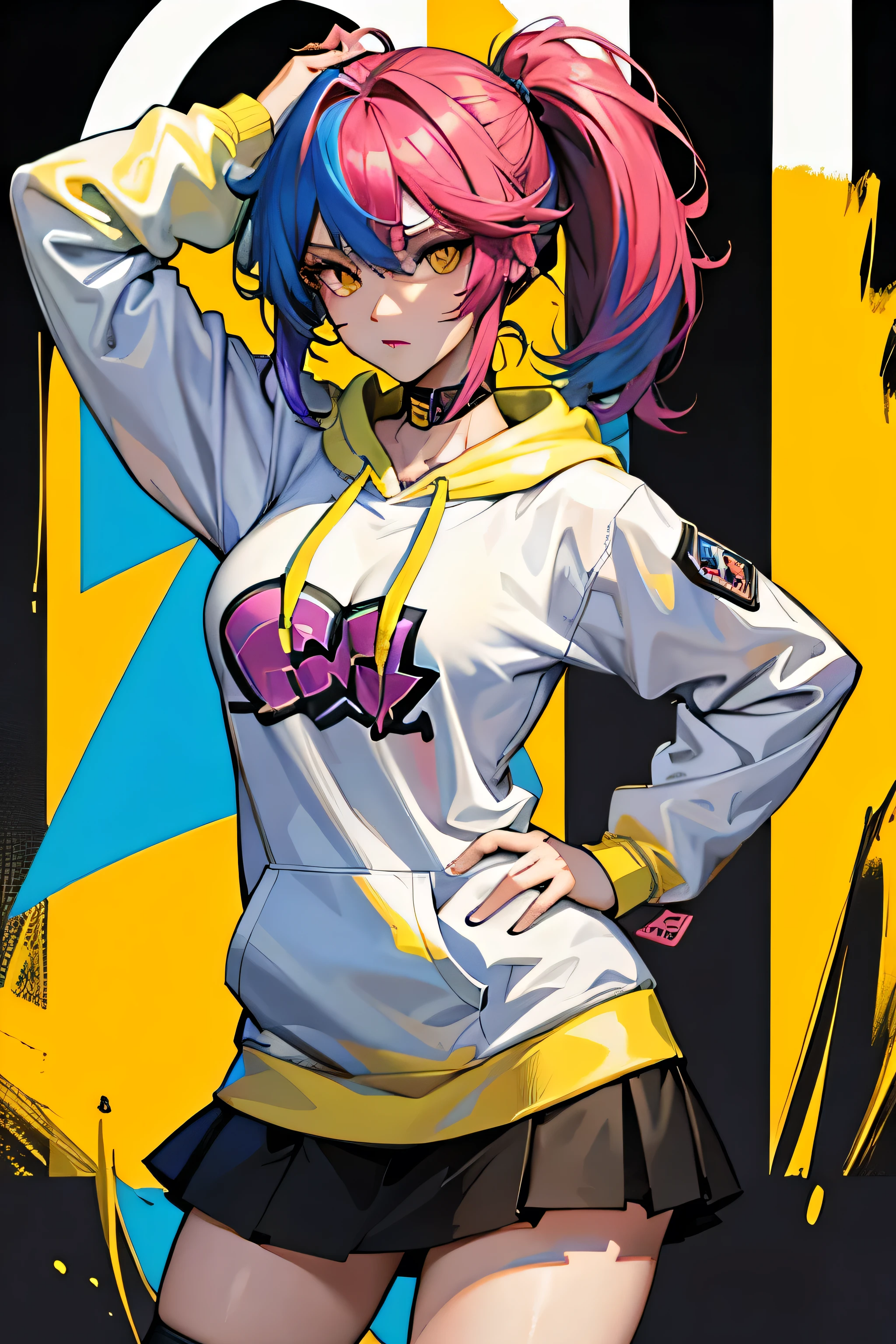 The most beautiful and sexy gamer girl, gamer girl, videogame girl, rainbow colored hair, yellow eyes, wearing hoodie, graphic t-shirt, skirt and highly detailed gamer gear, highly detailed background, perfect masterpiece, high quality, high resolution