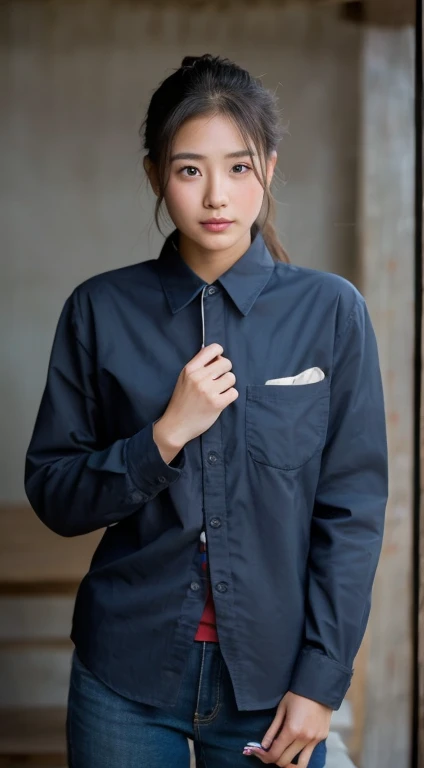 Young Asian woman, 25 years old, beautiful, long hair flowing up. A clear and detailed face, 8k,Wear a red and green and blue plaid shirt., In the open countryside there is a thatched hut with red flowers. Different action poses, Take photos 16k,with a high quality Fujicamera.,45,000,000 pixels