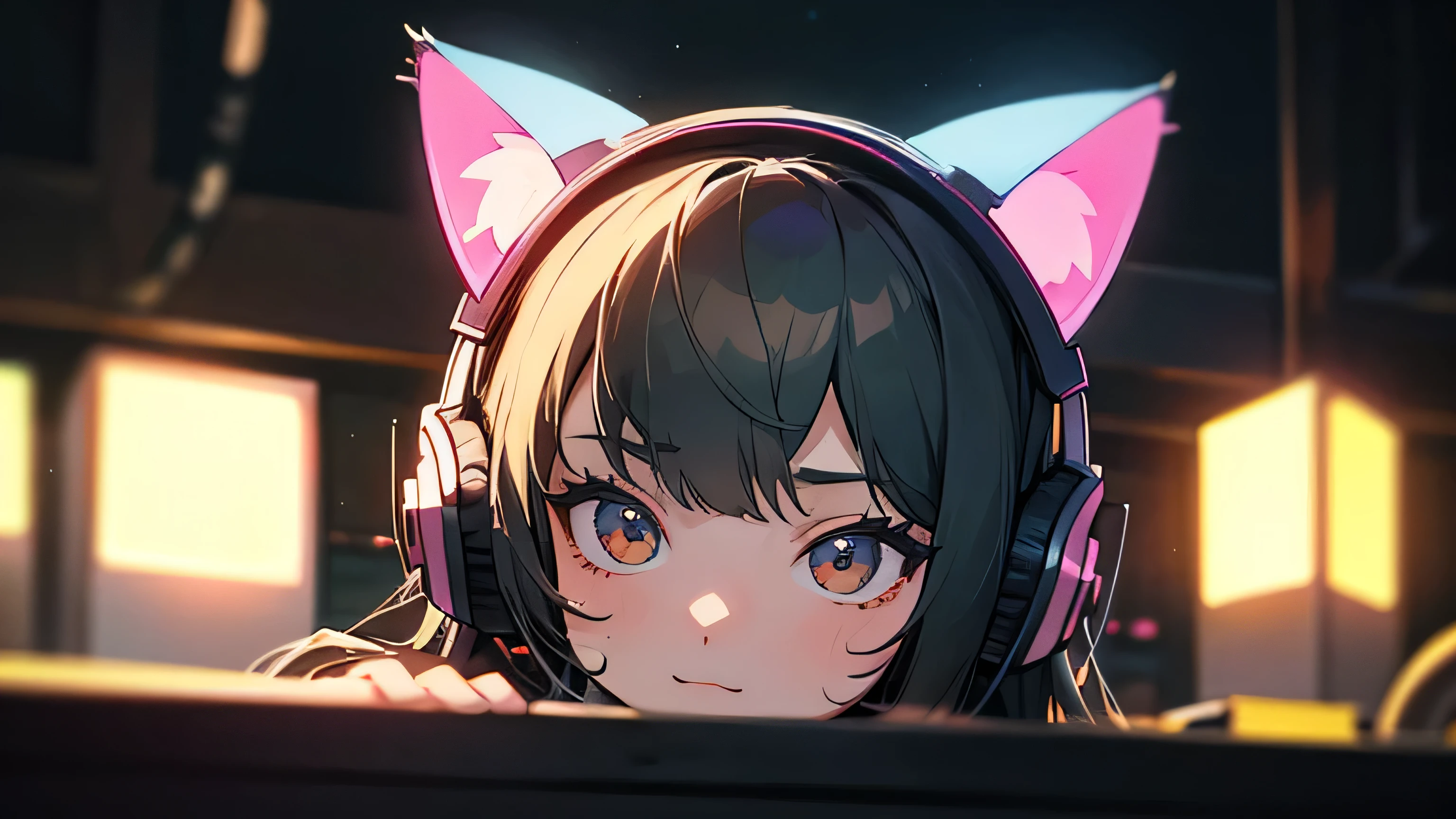 Room with speakers、Cat with headphones、Face close-up、night