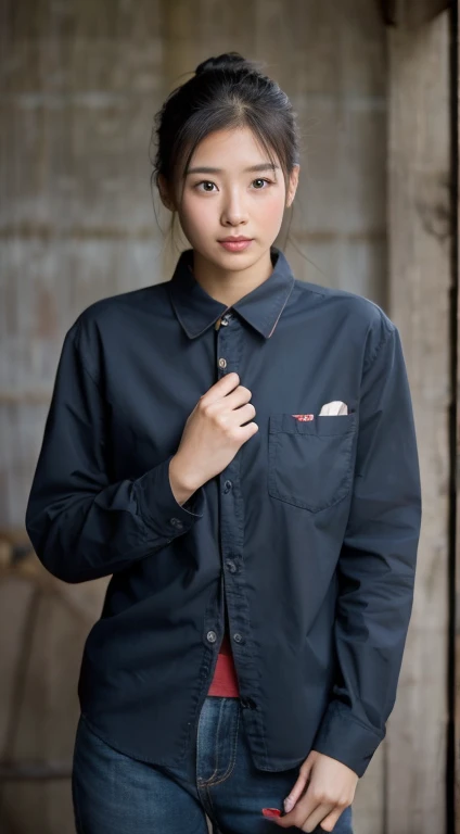 Young Asian woman, 25 years old, beautiful, long hair flowing up. A clear and detailed face, 8k,Wear a red and green and blue plaid shirt., In the open countryside there is a thatched hut with red flowers. Different action poses, Take photos 16k,with a high quality Fujicamera.,45,000,000 pixels