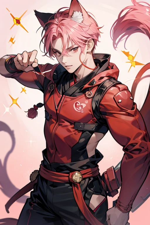 Kunoitchi has pink skin and wears a cat-like red ninja suit with whiskers and a tail. SPARKLE; GLITTER