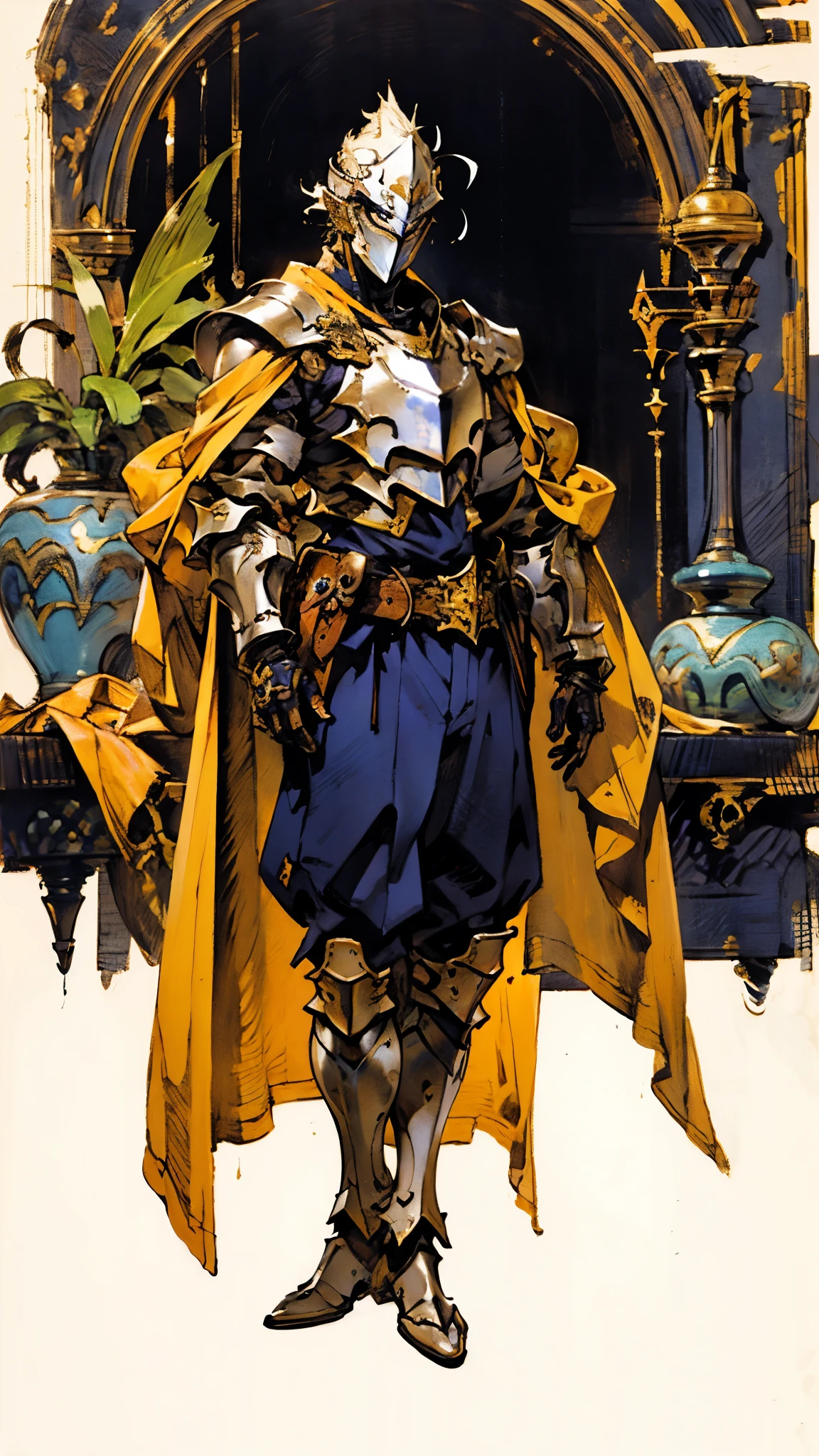 A man with short golden hair slicked back, his face entirely obscured by a Dynastinae concept mask, full mask, cold gaze, clad in an indigo blue fantasy-style Dynastinae concept chest plate, his arms and legs are clad in matching armor, he wears a white undershirt and trousers with golden stripes, standing within a magnificent fantasy-style palace, this character embodies a finely crafted fantasy-style masked light armor warrior in anime style, exquisite and mature manga art style, high definition, best quality, highres, ultra-detailed, ultra-fine painting, extremely delicate, professional, perfect body proportions, golden ratio, anatomically correct, symmetrical face, extremely detailed eyes and face, high quality eyes, creativity, RAW photo, UHD, 32k, Natural light, cinematic lighting, masterpiece-anatomy-perfect, masterpiece:1.5