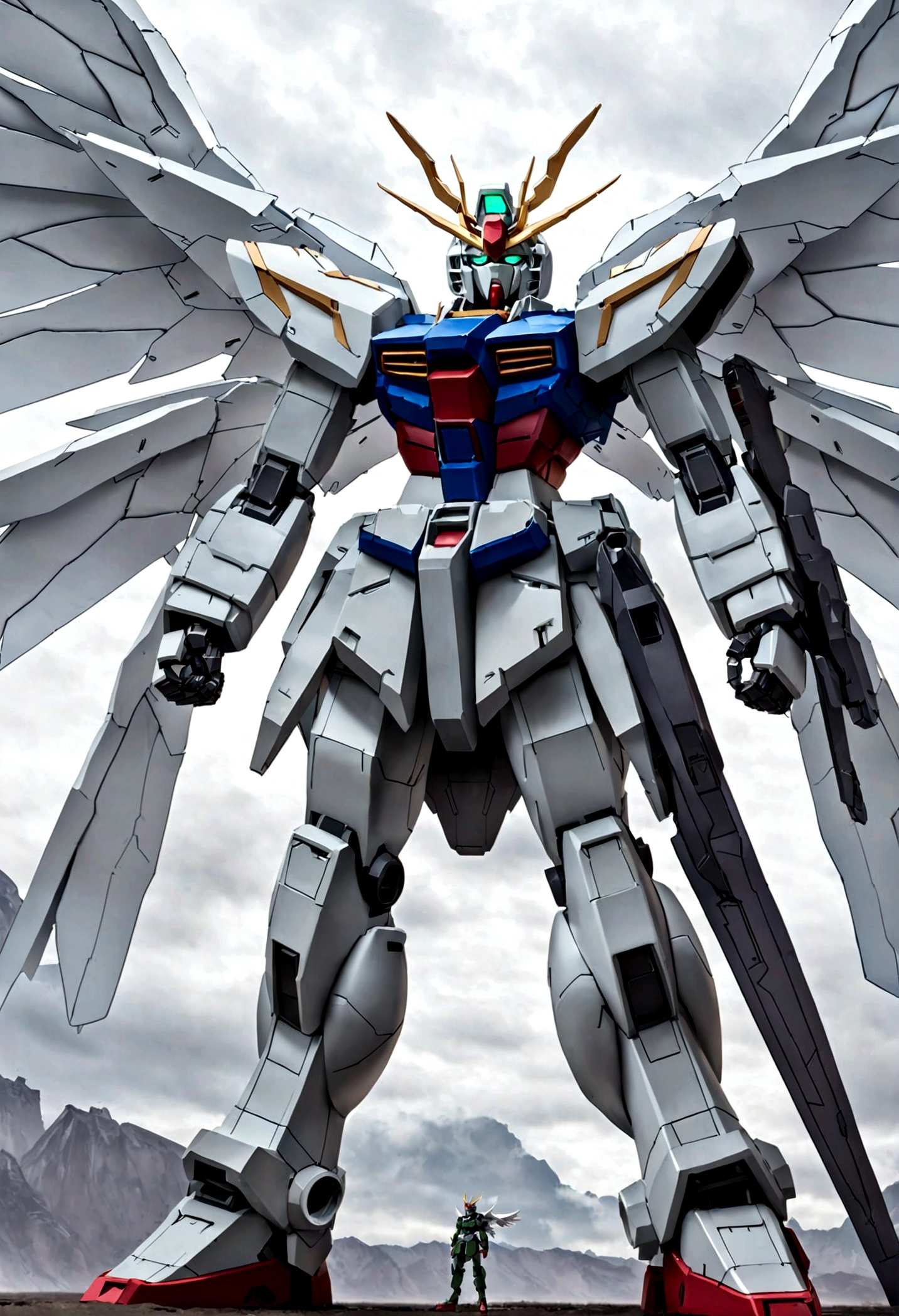 With wings白と青のロボットのアラファトモデル, Mecha Wings, Gundam wing style armor, Winged armor angle, Gundam, wide angel shot, Big white glowing wings, High Angel Long Range Shot, Gundam Model Kits, super wide angel, Close-up angle, Wingspan, With wings. Super detailed, Giant Feather, Gundam is windmill shaped