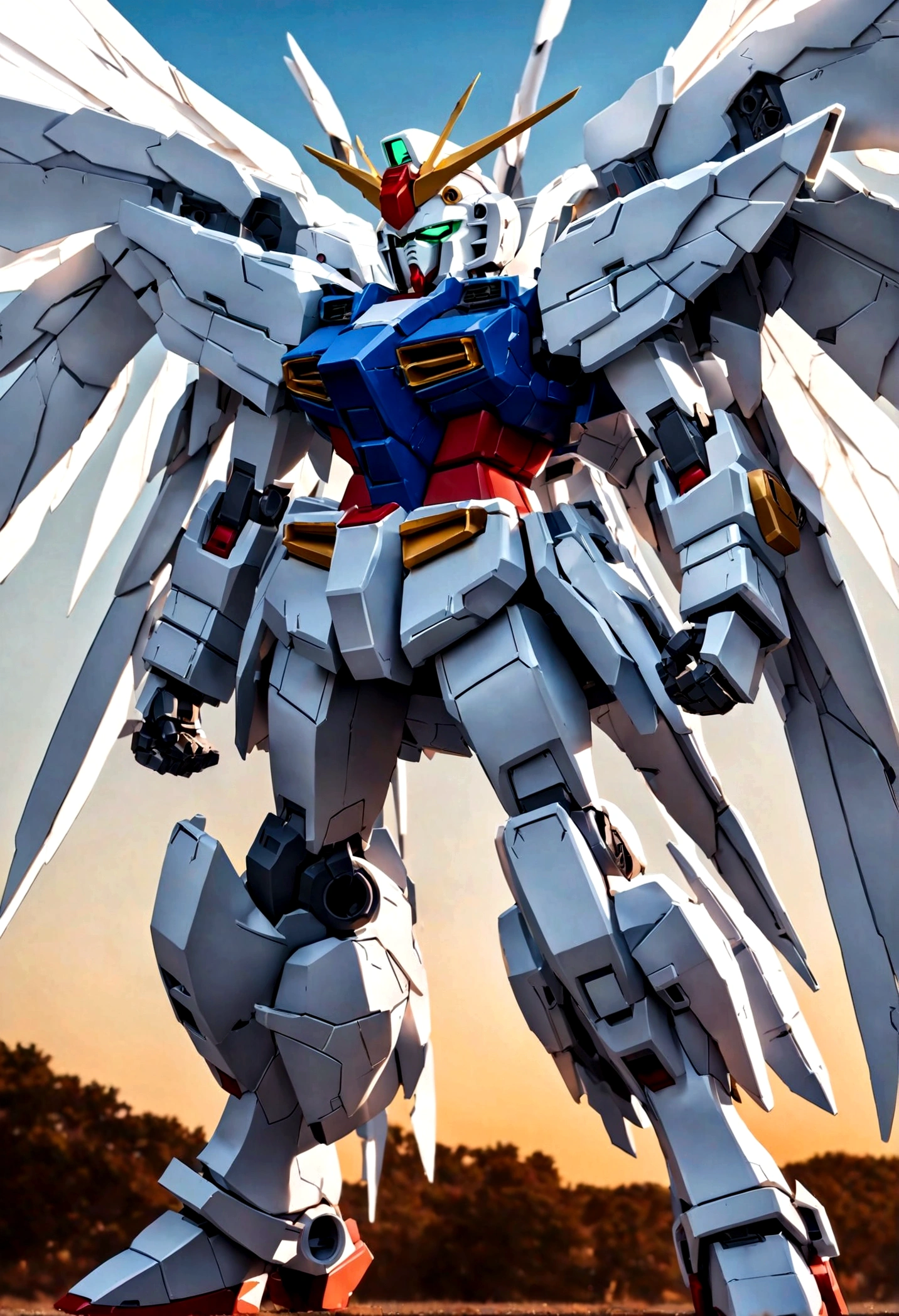 With wings白と青のロボットのアラファトモデル, Mecha Wings, Gundam wing style armor, Winged armor angle, Gundam, wide angel shot, Big white glowing wings, High Angel Long Range Shot, Gundam Model Kits, super wide angel, Close-up angle, Wingspan, With wings. Super detailed, Giant Feather, Gundam is windmill shaped