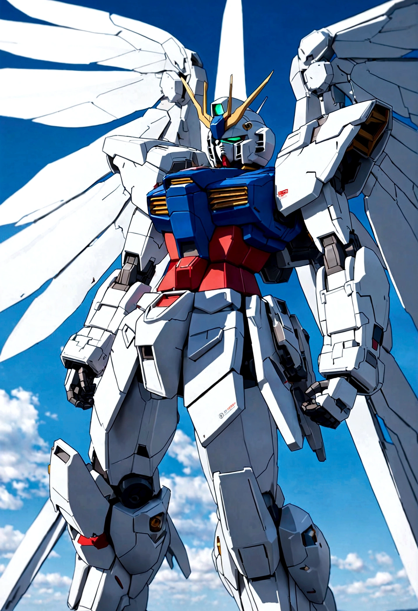 With wings白と青のロボットのアラファトモデル, Mecha Wings, Gundam wing style armor, Winged armor angle, Gundam, wide angel shot, Big white glowing wings, High Angel Long Range Shot, Gundam Model Kits, super wide angel, Close-up angle, Wingspan, With wings. Super detailed, Giant Feather, Gundam is windmill shaped