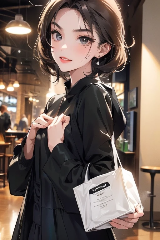 short hair,Dark gray hair,Barista,How to brew drip coffee,Mode,Black clothes,Long sleeve,Simple clothes,Cool Beauty,Adult,A slight smile on your lips,Small mole under left lip,Cafe,Arched thin eyebrows,1 female