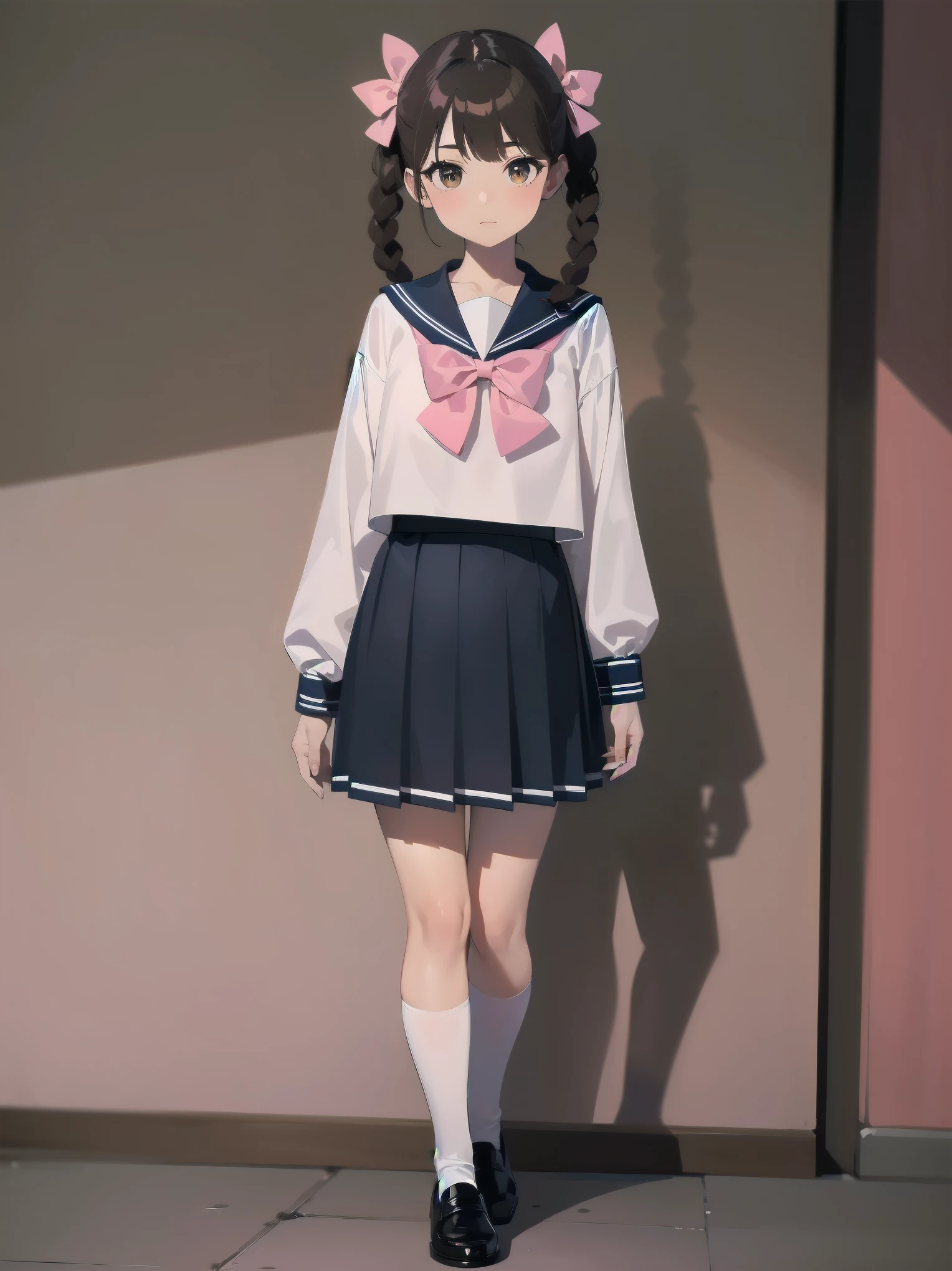 1girl, solo, looking at viewer, skirt, brown hair, shirt, long sleeves, bow, twintails, brown eyes, , full body, shoes, socks, sailor collar, black footwear, twin braids, cosplay, blue bow, white socks, pink skirt, photo background, pink sailor collar