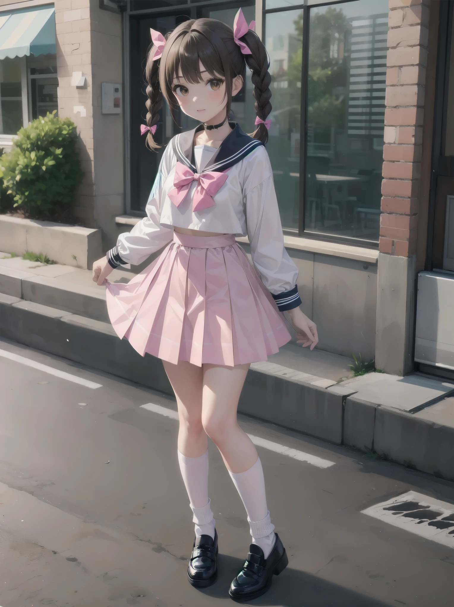 1girl, solo, looking at viewer, skirt, brown hair, shirt, long sleeves, bow, twintails, brown eyes, , full body, shoes, socks, sailor collar, black footwear, twin braids, cosplay, blue bow, white socks, pink skirt, photo background, pink sailor collar