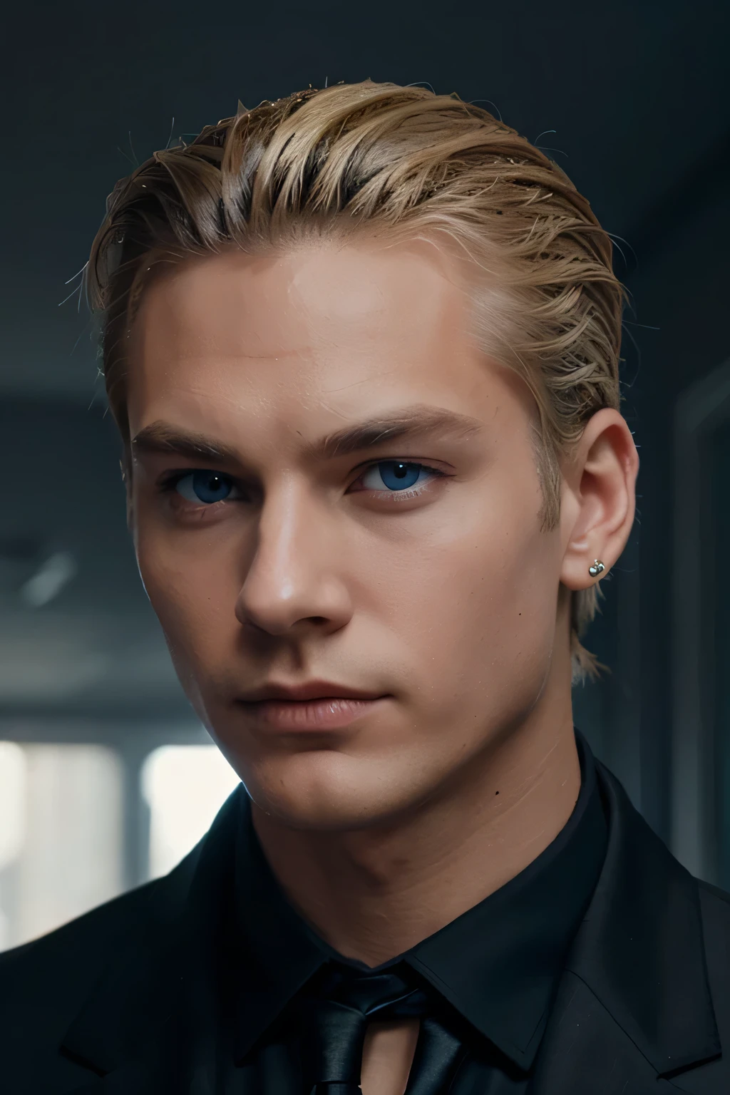 Male character with slicked back blonde hair with piercing blue eyes, his clothing is a black suit