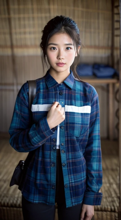 Young Asian woman, 25 years old, beautiful, long hair flowing up. A clear and detailed face, 8k,Wear a red and green and blue plaid shirt., In the open countryside there is a thatched hut with red flowers. Different action poses, Take photos 16k,with a high quality Fujicamera.,45,000,000 pixels
