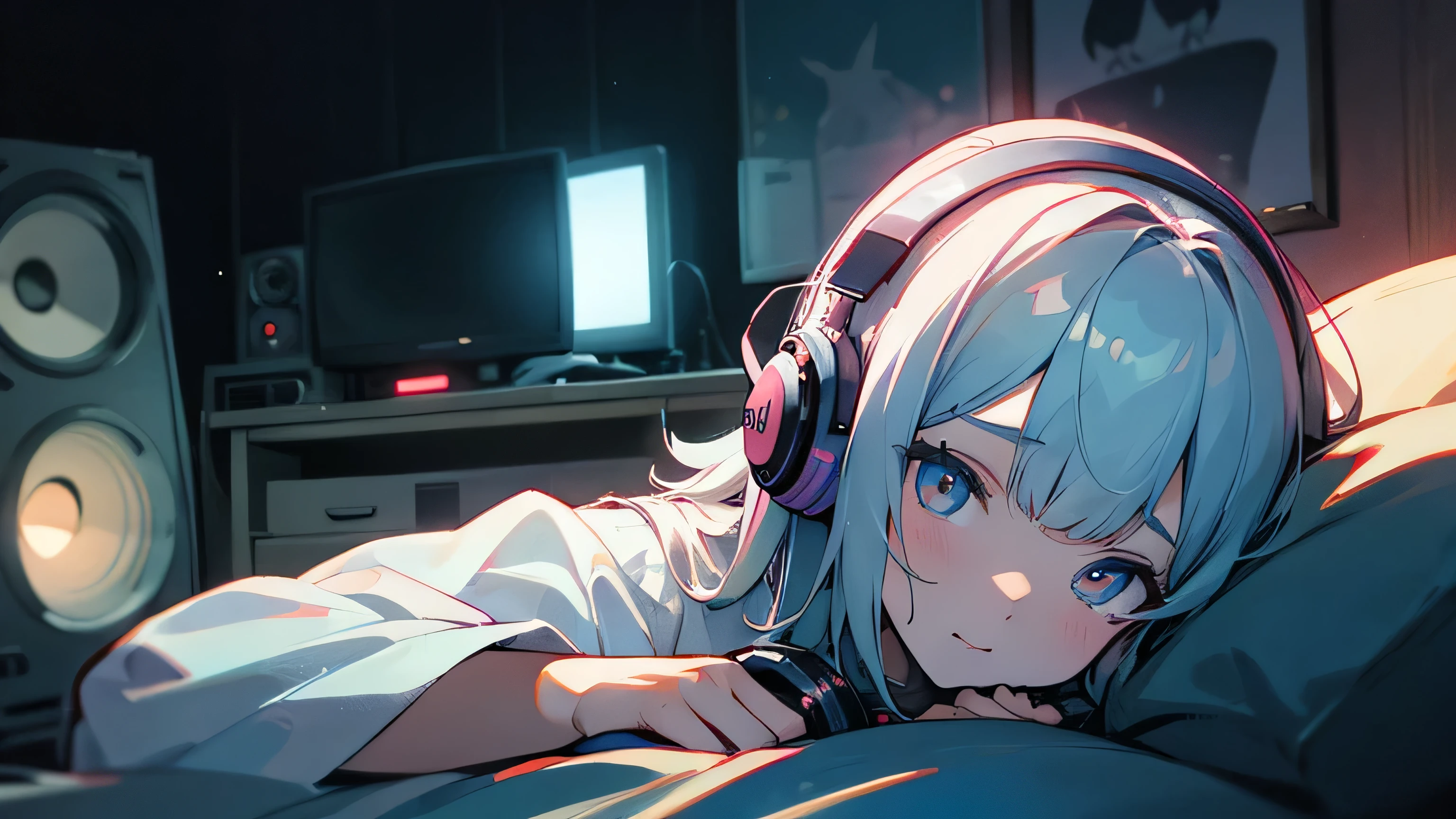 Room with speakers、Cat with headphones、Upper body close-up、night