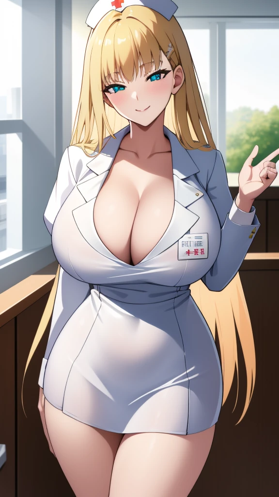 (highest quality:1.5, High resolution, 超High resolution, 4K, Detailed lighting, Shaders, Perfect Hand ???????), Blonde Straight Hair, ???????????, Nurse uniform, Cleavage, Thighs, smile, throw, Close-up shot, Are standing, Hospital Background