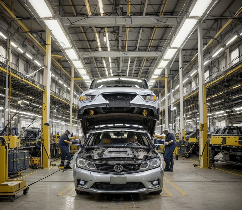 Inside the vast automobile factory, the scene is a symphony of movement and precision. Ao centro, a car in the manufacturing process dominates the space, with its newly installed pieces shining under the artificial light. Ao seu redor, a dedicated team of employees moves in harmony, each playing their vital role in creating the vehicle. Some are busy tightening screws with pneumatic tools, enquanto outros inspecionam meticulosamente cada detalhe, ensuring impeccable quality. The constant hum of assembly machines is interspersed with the occasional sound of instructions being given and parts being moved. The air is filled with the smell of freshly cut metal and lubricating oil.. Throughout the factory, assembly lines stretch as far as the eye can see, each occupied with cars in different stages of completion. Mesmo em meio a essa intensa atividade, an atmosphere of determination and professionalism permeates the environment, encouraging each worker to contribute to the creation of a product of excellence.