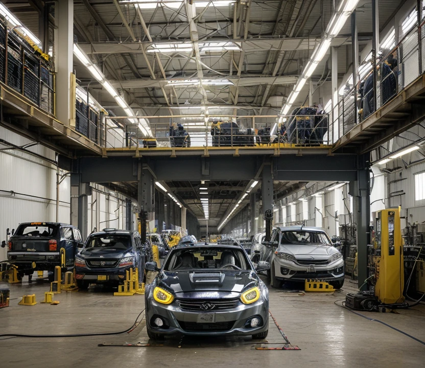 Inside the vast automobile factory, the scene is a symphony of movement and precision. Ao centro, a car in the manufacturing process dominates the space, with its newly installed pieces shining under the artificial light. Ao seu redor, a dedicated team of employees moves in harmony, each playing their vital role in creating the vehicle. Some are busy tightening screws with pneumatic tools, enquanto outros inspecionam meticulosamente cada detalhe, ensuring impeccable quality. The constant hum of assembly machines is interspersed with the occasional sound of instructions being given and parts being moved. The air is filled with the smell of freshly cut metal and lubricating oil.. Throughout the factory, assembly lines stretch as far as the eye can see, each occupied with cars in different stages of completion. Mesmo em meio a essa intensa atividade, an atmosphere of determination and professionalism permeates the environment, encouraging each worker to contribute to the creation of a product of excellence.
