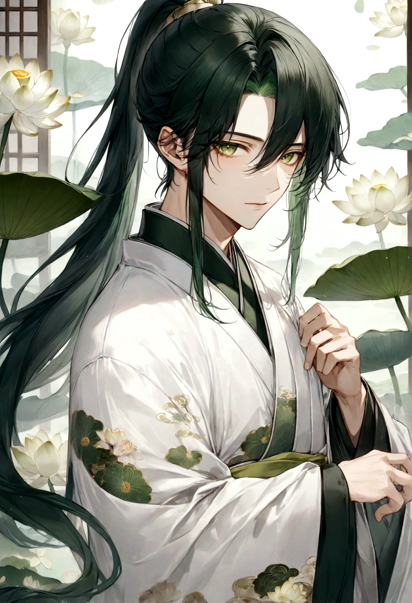 ((top-quality)), ((​masterpiece)), ((ultra-detailliert)), (extremely delicate and beautiful), handsome man, dark green hair, long straight hair, high ponytail hairstyle, golden eyes, serene expression, wearing wuxia styled robes, sleeves are sheer and silky, white sleeves, white robes with green patterns, lotus flowers on robe, dark pants, white lotus flowers in the background