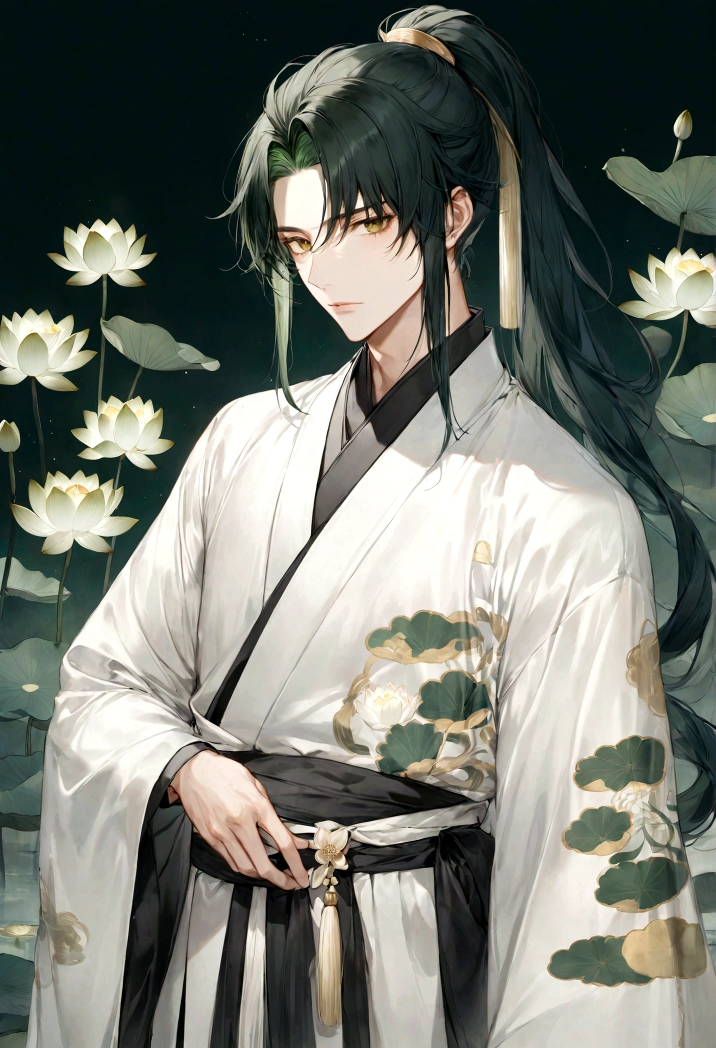 ((top-quality)), ((masterpiece)), ((ultra-detailliert)), (extremely delicate and beautiful), handsome man, dark green hair, long straight hair, high ponytail hairstyle, golden eyes, serene expression, wearing wuxia styled robes, sleeves are sheer and silky, white sleeves, white robes with green patterns, lotus flowers on robe, dark pants, white lotus flowers in the background
