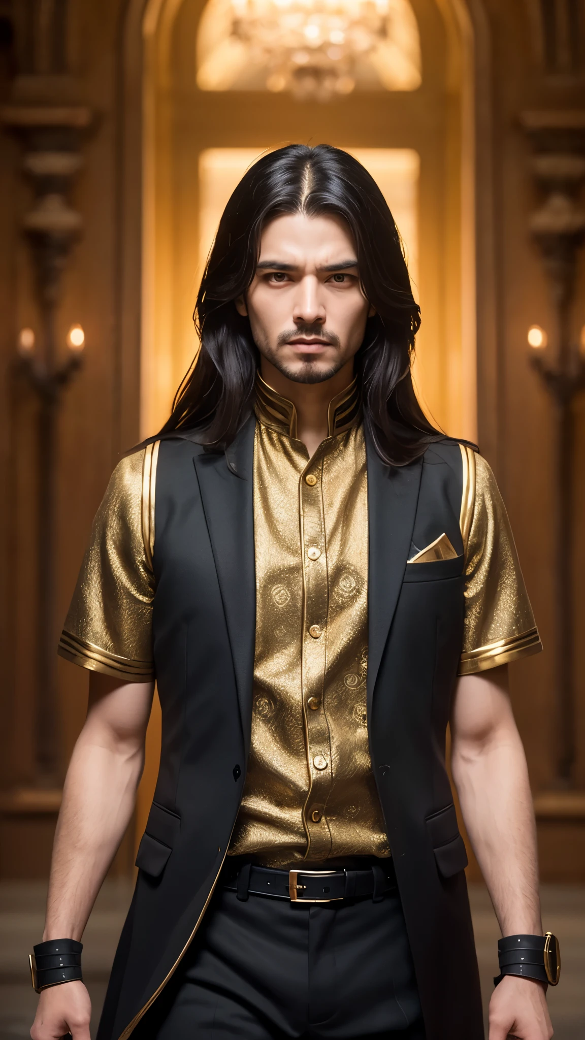 A middle-aged man with long black hair, a metal forehead protector, large triangular eyes, square stubble, a long face, a dignified expression, a tall physique, a luxurious fantasy-style coat adorned with golden patterns and a green crystal in the center, wide short sleeves, metal wrist guards, two-tone linen trousers, thick cloth shoes, the backdrop of a completely black fantasy-style fortress, this character embodies a finely crafted fantasy-style overlord in anime style, exquisite and mature manga art style, dramatic, high definition, best quality, highres, ultra-detailed, ultra-fine painting, extremely delicate, professional, perfect body proportions, golden ratio, anatomically correct, symmetrical face, extremely detailed eyes and face, high quality eyes, creativity, RAW photo, UHD, 32k, Natural light, cinematic lighting, masterpiece-anatomy-perfect, masterpiece:1.5