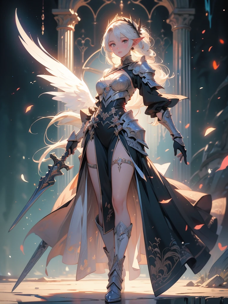 (((masterpiece, best quality, high detailed, 4k))) Design a layout showcase Gaming character, (1girl). Purple|Black clothes, stylish and unique. ((showcase weapon:1.4)), holy majestic spear. (masterpiece:1.2), (best quality), ultra-detailed. (Step by step design, layout art:1.5), (luminous lighting, atmospheric lighting). arcane elf, ((glove full hands)), (((revealing clothes:1.3))), vambraces, armored legwear, (((full_body_shot:1.4))). {In a mystical library}. (zentangle, mandala, tangle, entangle), (fractal art:1.3), maxiskirt, dress conservatively, (elf:1.2), solo, full body, wide shot, standing with white boots, holding spear down, blunt bangs, hair between eyes, white hair, golden eyes, long hair, elf ears, Valkyrie white armor, angel, chest protector, side bang, from front, extra size body, night, mountain, looking at viewer, dynamic pose, art style by Artgerm, by Kawacy, by Wadim Kashin, BREAK, eyelashes, eyeshadow, pink eyeshadow.
