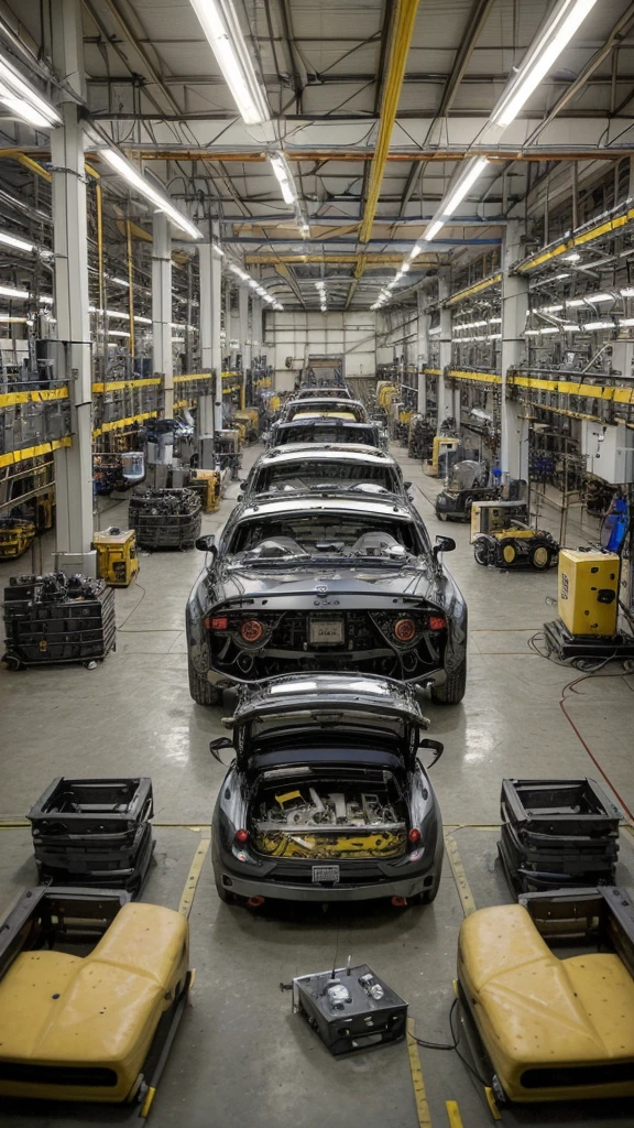 Inside the vast automobile factory, the scene is a symphony of movement and precision. Ao centro, a car in the manufacturing process dominates the space, with its newly installed pieces shining under the artificial light. Ao seu redor, a dedicated team of employees moves in harmony, each playing their vital role in creating the vehicle. Some are busy tightening screws with pneumatic tools, enquanto outros inspecionam meticulosamente cada detalhe, ensuring impeccable quality. The constant hum of assembly machines is interspersed with the occasional sound of instructions being given and parts being moved. The air is filled with the smell of freshly cut metal and lubricating oil.. Throughout the factory, assembly lines stretch as far as the eye can see, each occupied with cars in different stages of completion. Mesmo em meio a essa intensa atividade, an atmosphere of determination and professionalism permeates the environment, encouraging each worker to contribute to the creation of a product of excellence.