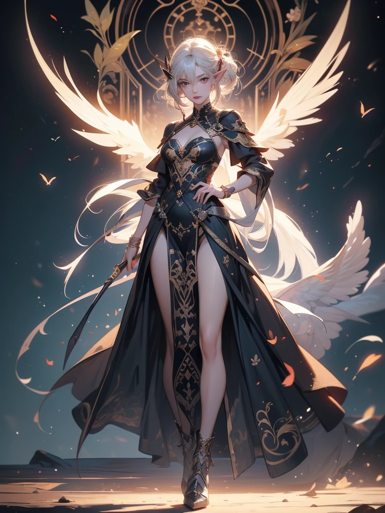 (((masterpiece, best quality, high detailed, 4k))) Design a layout showcase Gaming character, (1girl). Purple|Black clothes, stylish and unique. ((showcase weapon:1.4)), holy majestic spear. (masterpiece:1.2), (best quality), ultra-detailed. (Step by step design, layout art:1.5), (luminous lighting, atmospheric lighting). arcane elf, ((glove full hands)), (((revealing clothes:1.3))), vambraces, armored legwear, (((full_body_shot:1.4))). {In a mystical library}. (zentangle, mandala, tangle, entangle), (fractal art:1.3), maxiskirt, dress conservatively, (elf:1.2), solo, full body, wide shot, standing with white boots, holding spear down, blunt bangs, hair between eyes, white hair, golden eyes, long hair, elf ears, Valkyrie white armor, angel, chest protector, side bang, from front, extra size body, night, mountain, looking at viewer, dynamic pose, art style by Artgerm, by Kawacy, by Wadim Kashin, BREAK, eyelashes, eyeshadow, pink eyeshadow.