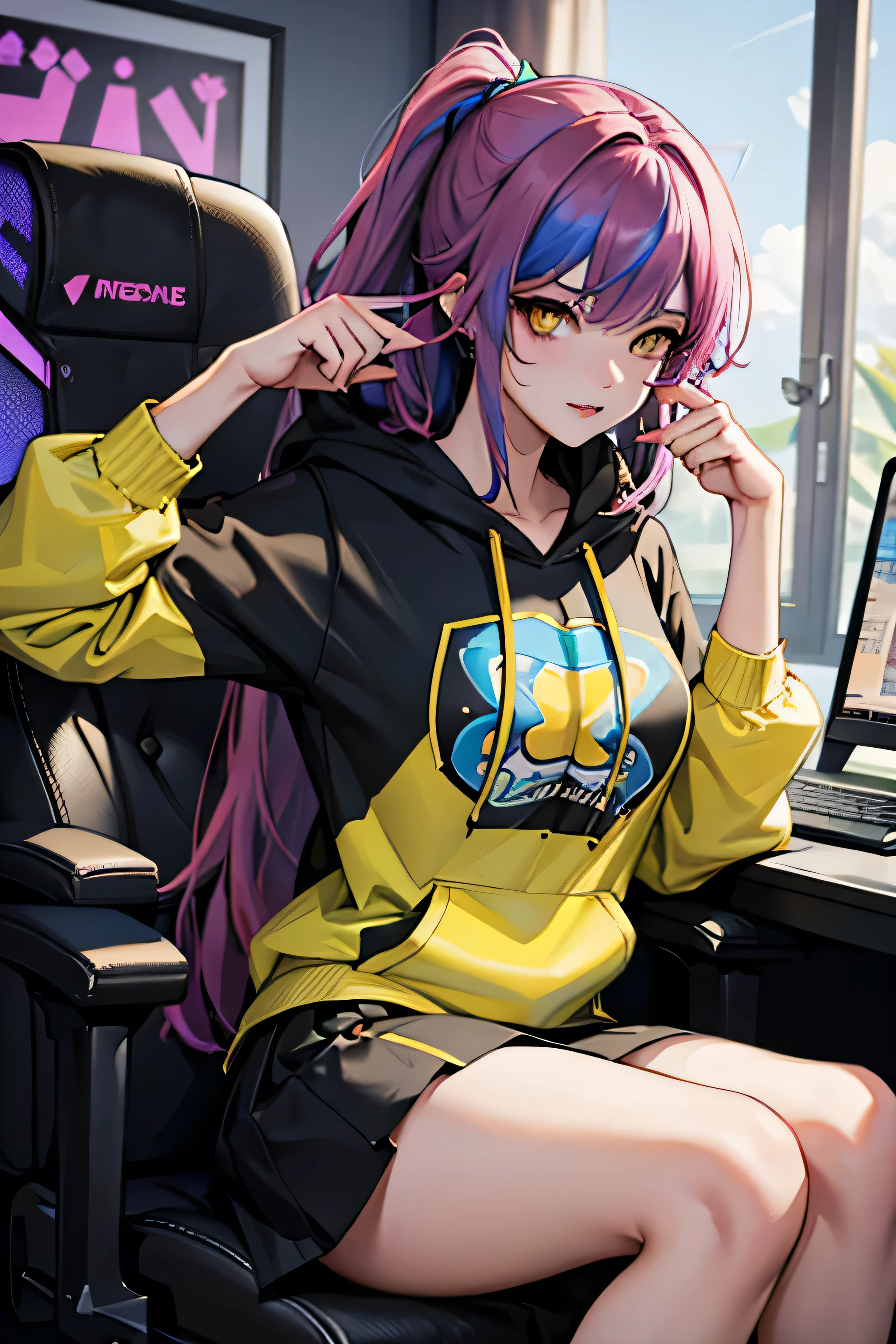 The most beautiful and sexy gamer girl, gamer girl, playing videogame, playing computer, rainbow colored hair, yellow eyes, wearing hoodie, graphic t-shirt, skirt and highly detailed gamer gear, highly detailed background, perfect masterpiece, high quality, high resolution