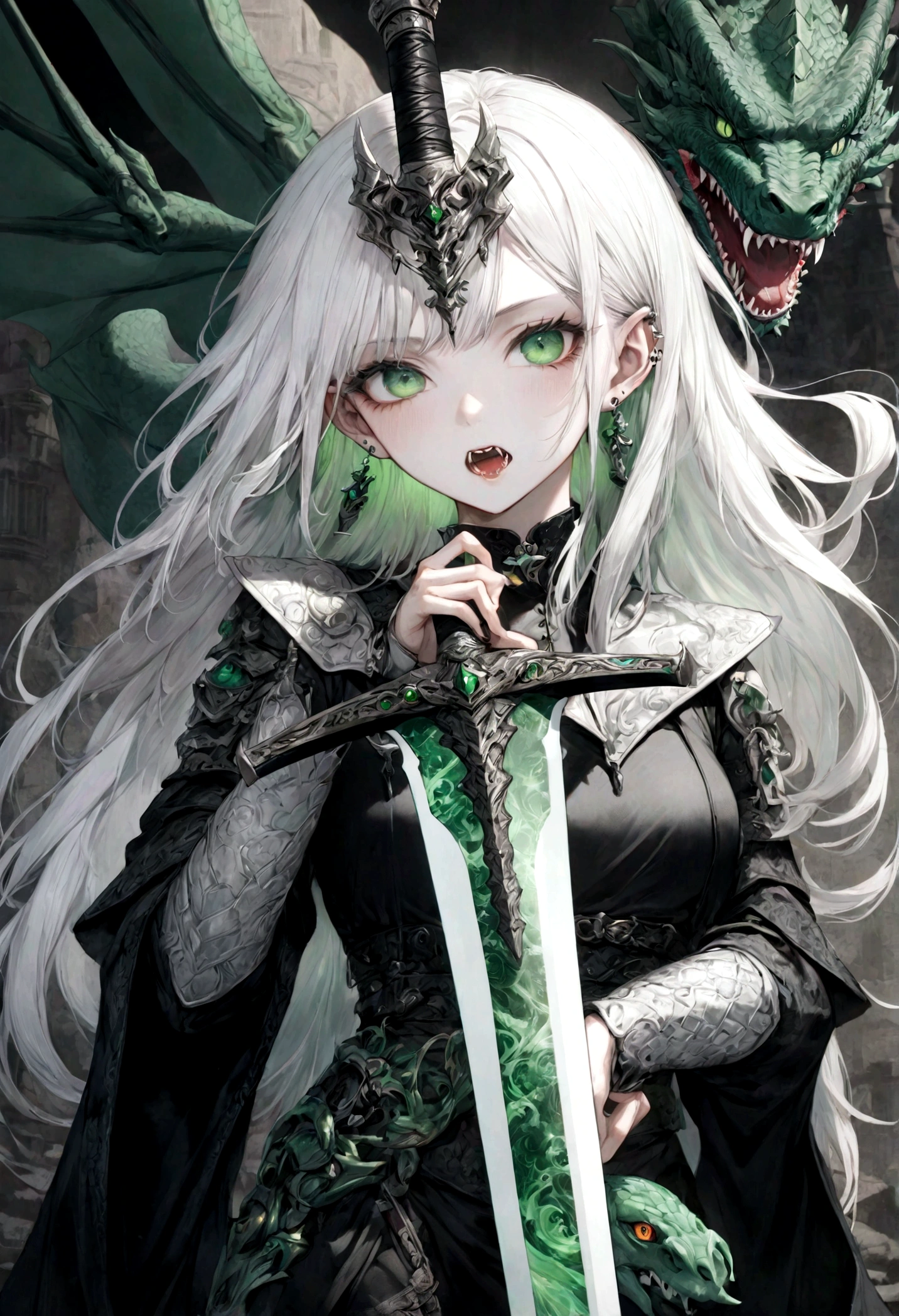 a eastern female draconic warrior, beautiful detailed face, long white hair, piercing green eyes, sharp fangs, pale white skin, holding a Jade draconic greatsword, simbiotic haramaki armor, dark fantasy, hyper detailed, striking colors, gothic aesthetic, masterpiece, 8k