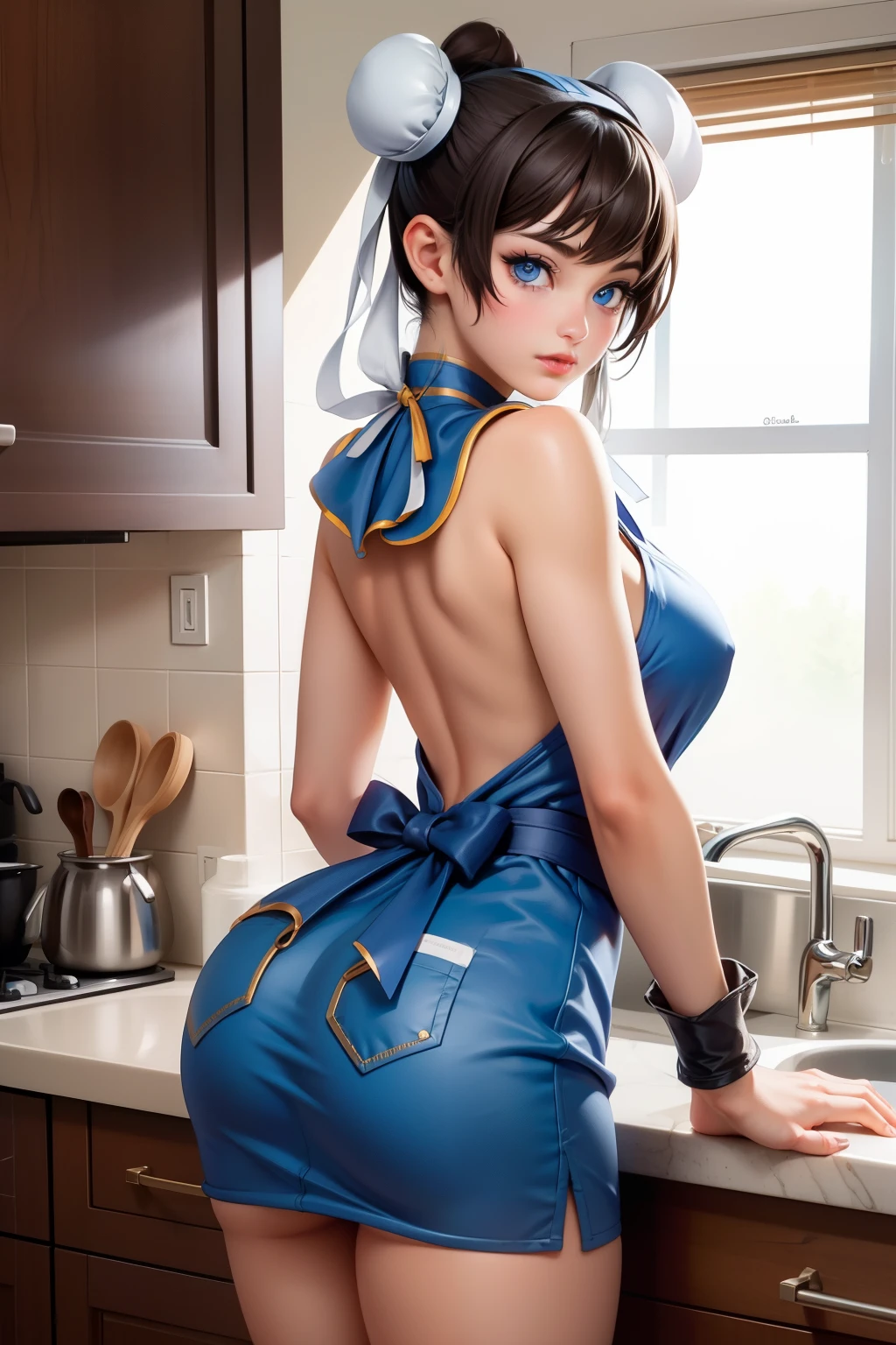 ((Chun li)), ((Blue eyes)), ((Big ass)), ((best quality)), ((masterpiece)), (detailed), perfect face, In the kitchen wearing an apron, half naked with my ass hanging out